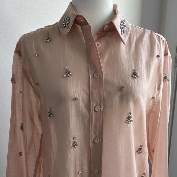 Zara Blush Pink Lyocell Semi-Sheer Crystal-Embellished Button Blouse – US XS - Picture 3 of 12